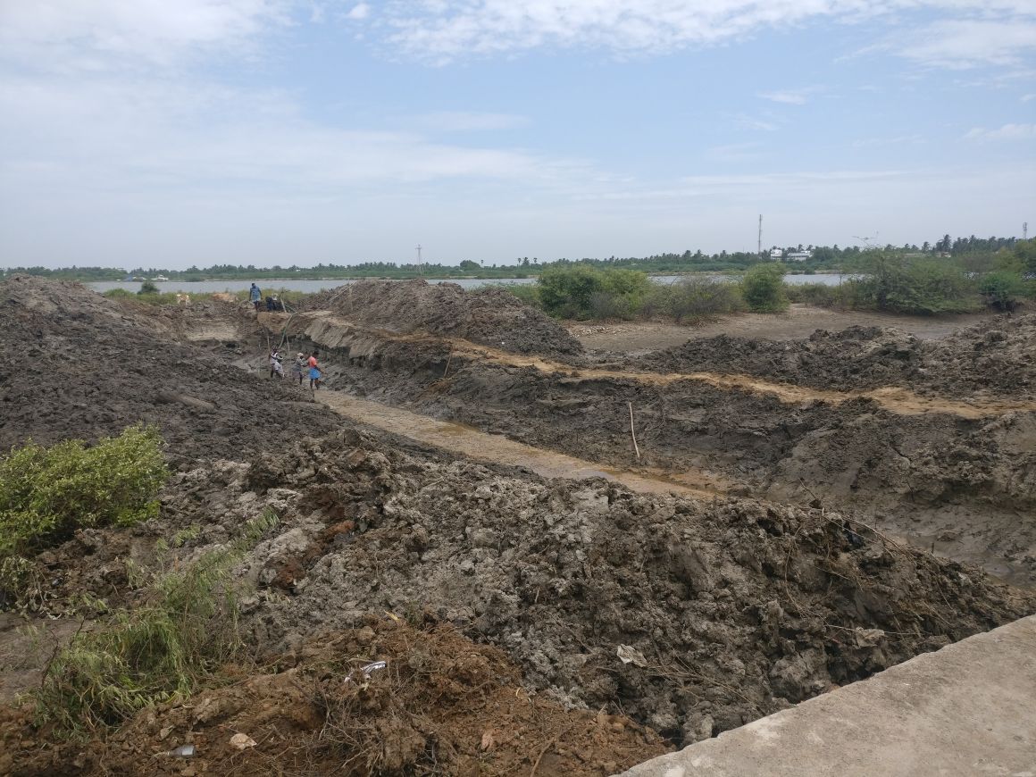 Earth work for bund construction in Cuddalore, Tamil Nadu