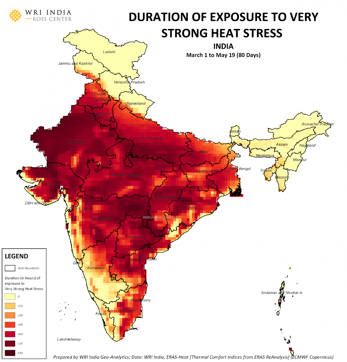 Map shows duration of exposure to very strong heat stress (UTCI based) over a period of 80 days.