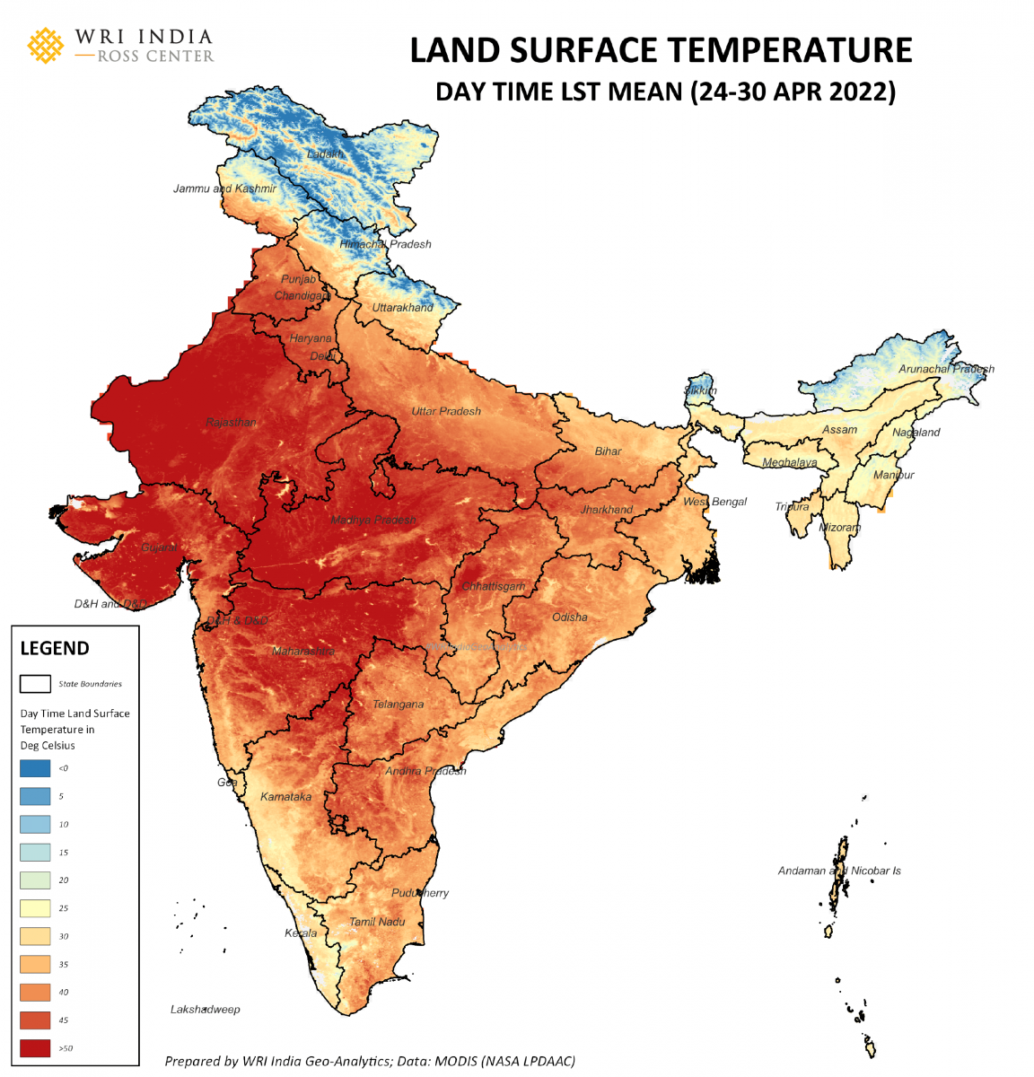 Map shows daytime land surface temperature for the last week of April.