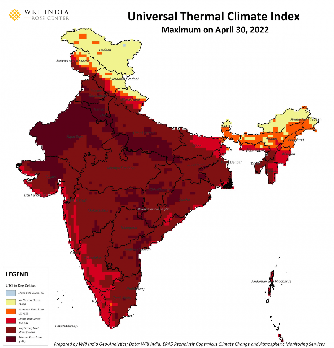 Map shows maximum recorded Universal Thermal Climate Index for 30 April