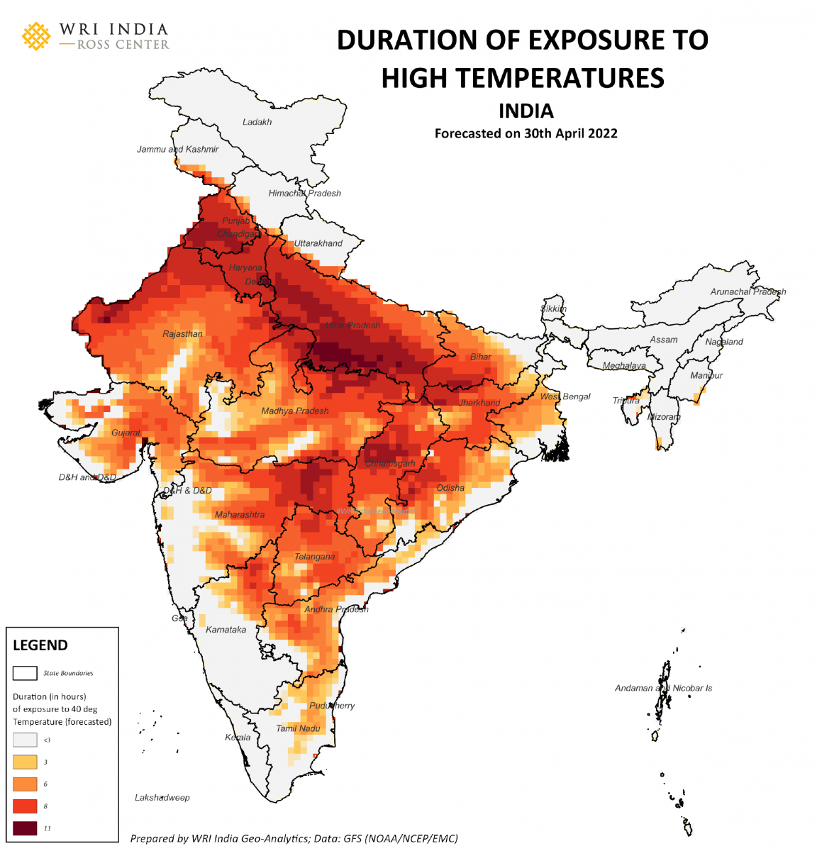 Map shows duration of exposure to high temperatures for 30 April