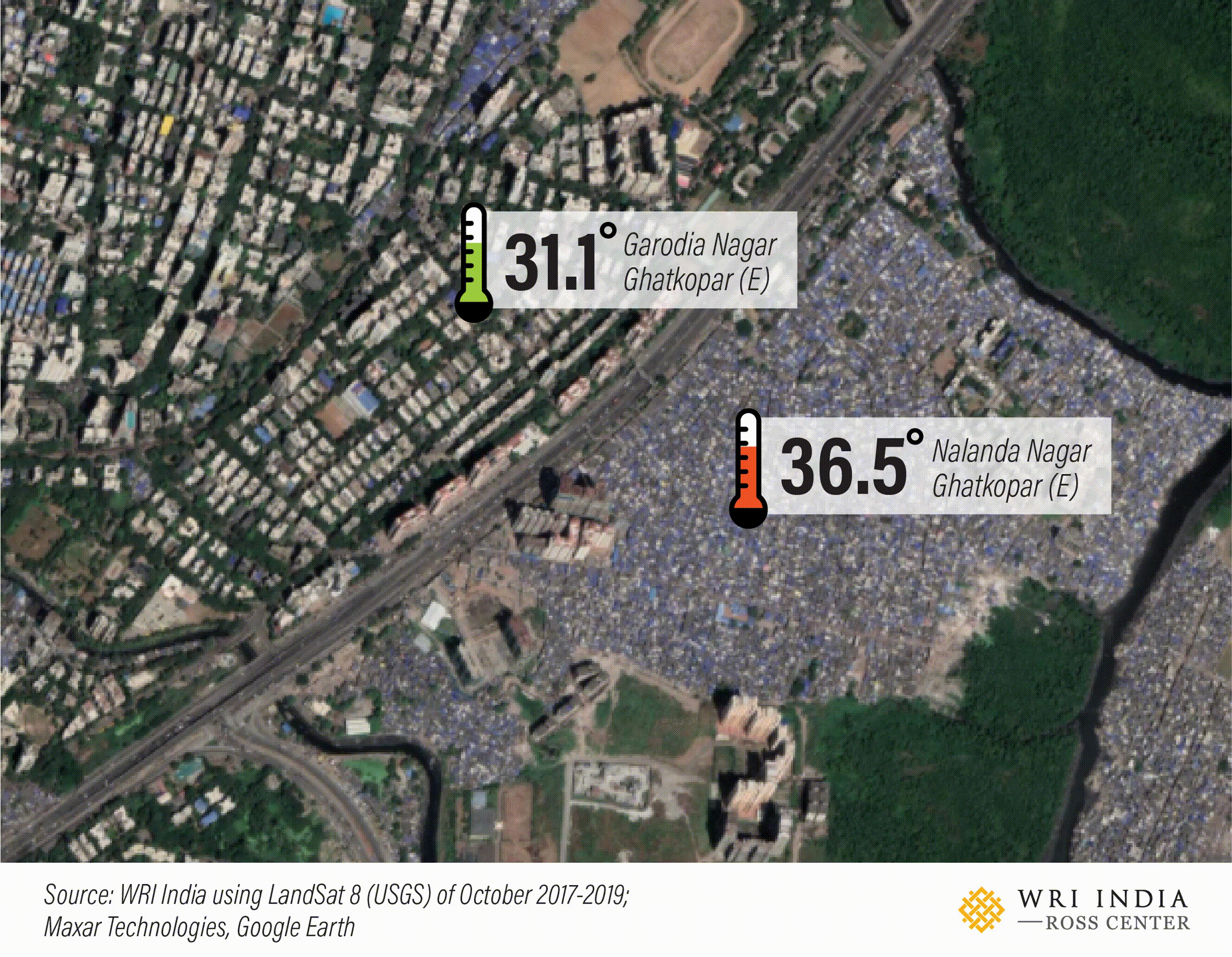 A difference of around 5°C can be observed between low-income and middle-income housing in Ghatkopar, Mumbai. Image by WRI India using LandSat8 (USGS) for October (2017-2019)