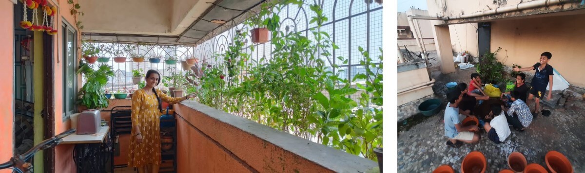  Left: Priya at her balcony garden; Right: Soil preparation with the neighborhood children. Photo by Priya Shinde/Saksham Study and Learning Centre, Tata Institute of Social Sciences