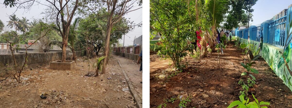 Before (left) and after (right) at Lallubhai compound. A community space with periphery greening and an urban grove. Photo by Shruti Maliwar/WRI India.