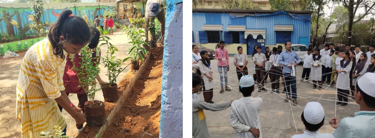 Left: Planting knowledge shared with the youth through co-design sessions. Photo by Prakash Bhaware/YUVA. Right: Learning sessions in municipal schools to increase local biodiversity awareness.Photo by Shruti Maliwar/WRI India.