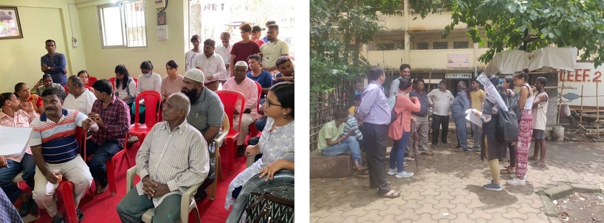 Left: Sessions with local community members to recognize their need for a community garden. Photo by Deepti Talpade/WRI India. Right: Site visits with different departments of the BMC for coordinated implementation. Photo by Shruti Maliwar/WRI India 