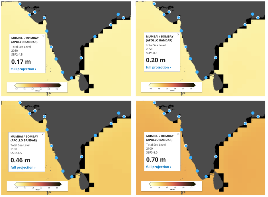 Figure 4: Projected sea level increase around Mumbai by 2050 and 2100 under SSP2 – 4.5 and SSP5 – 8.5 scenario.