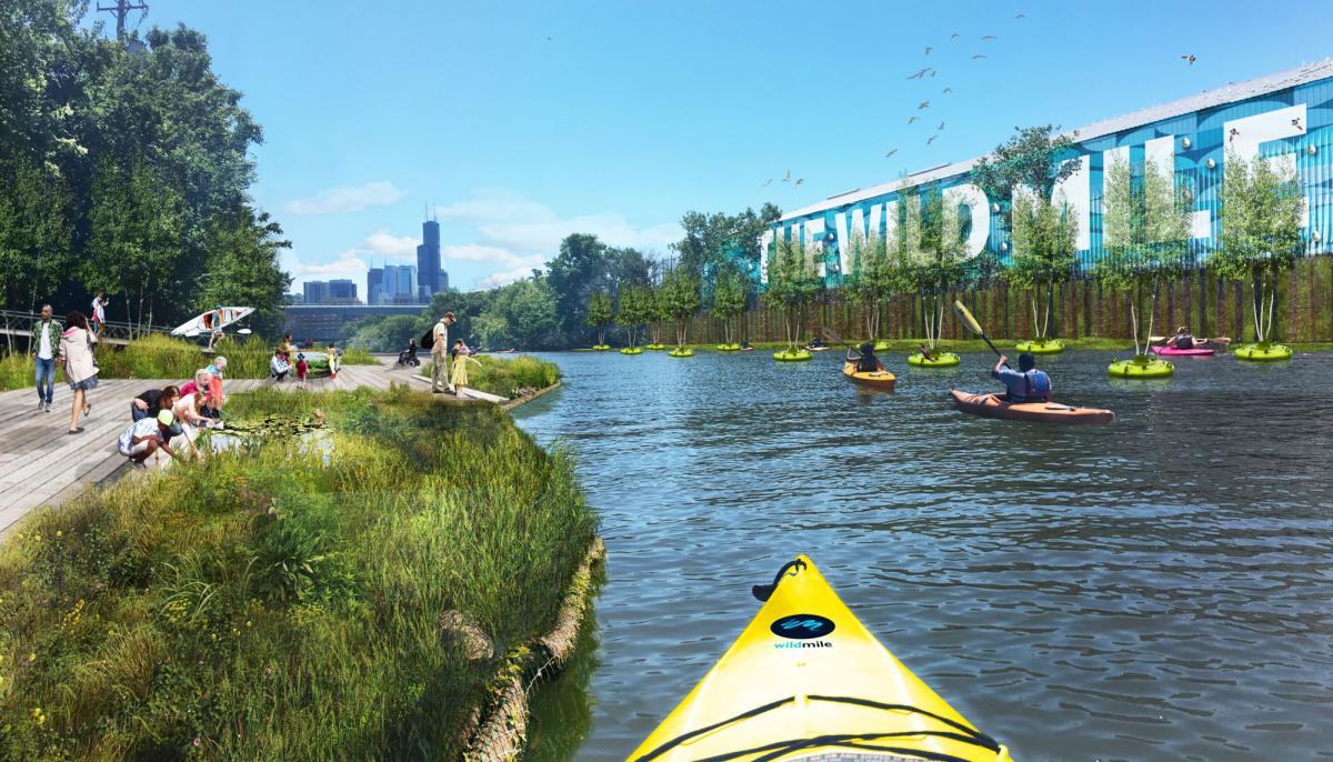 Figure 2 Rendering of the ongoing redevelopment along the Chicago river into a Floating Eco-park under the Wild Mile Chicago project. Photo by Wildmilechicago.org