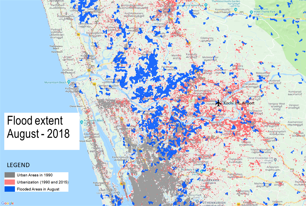 Extent of flooding in the Kochi Metropolitan area, 9 August, 2018