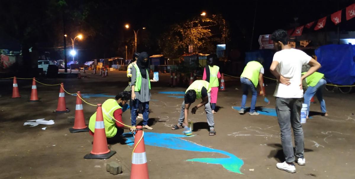 Students from KMEA College of Architecture, Aluva help shape the space during the pilot trial.