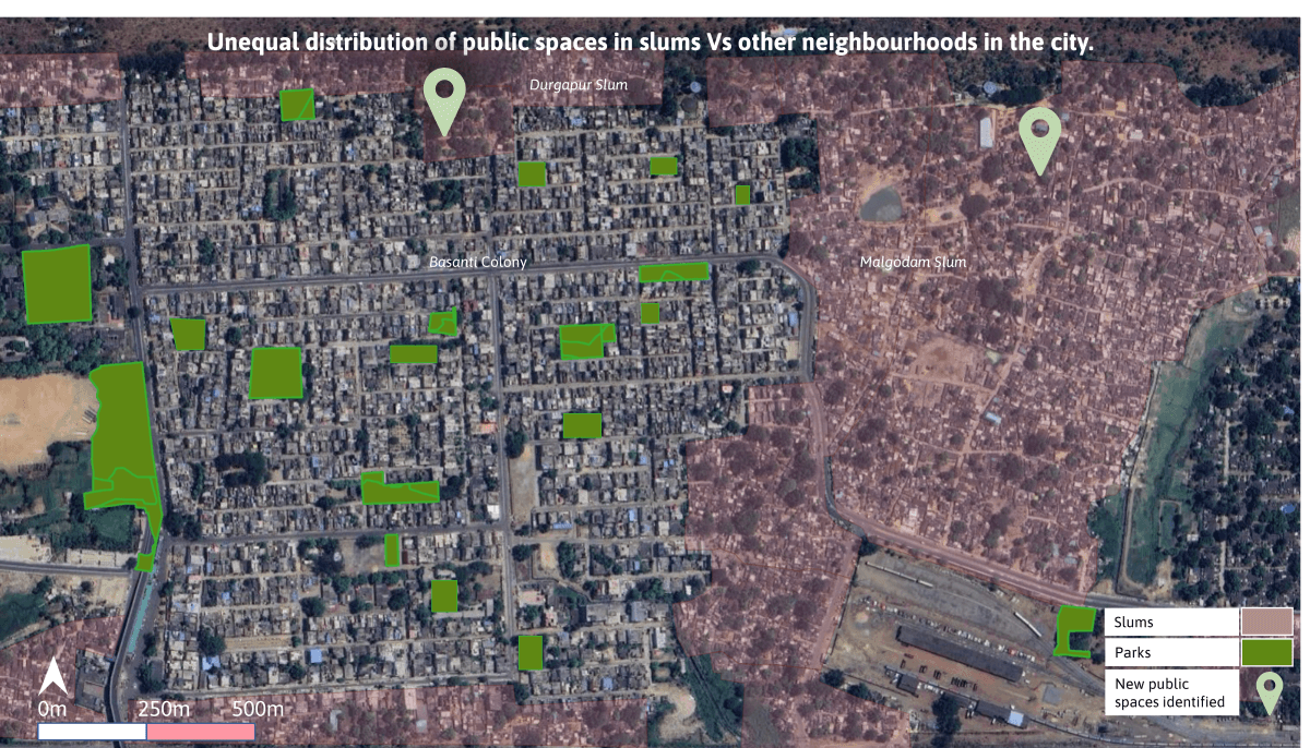 Spatial mapping shows the unequal distribution of public spaces in slums vs affluent colonies in Rourkela, Odisha, which led the city to develop new public spaces in the slums. Mapping by Arunima Saha/WRI India. Source: Google Maps.