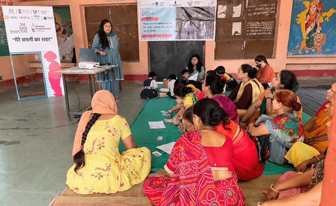 Mothers of young children, Anganwadi teachers and other frontline workers in Aranya Nagar, Indore learn how they can play a crucial part in sustaining the Anganwadi. Photo by Indore Smart City Development Limited.