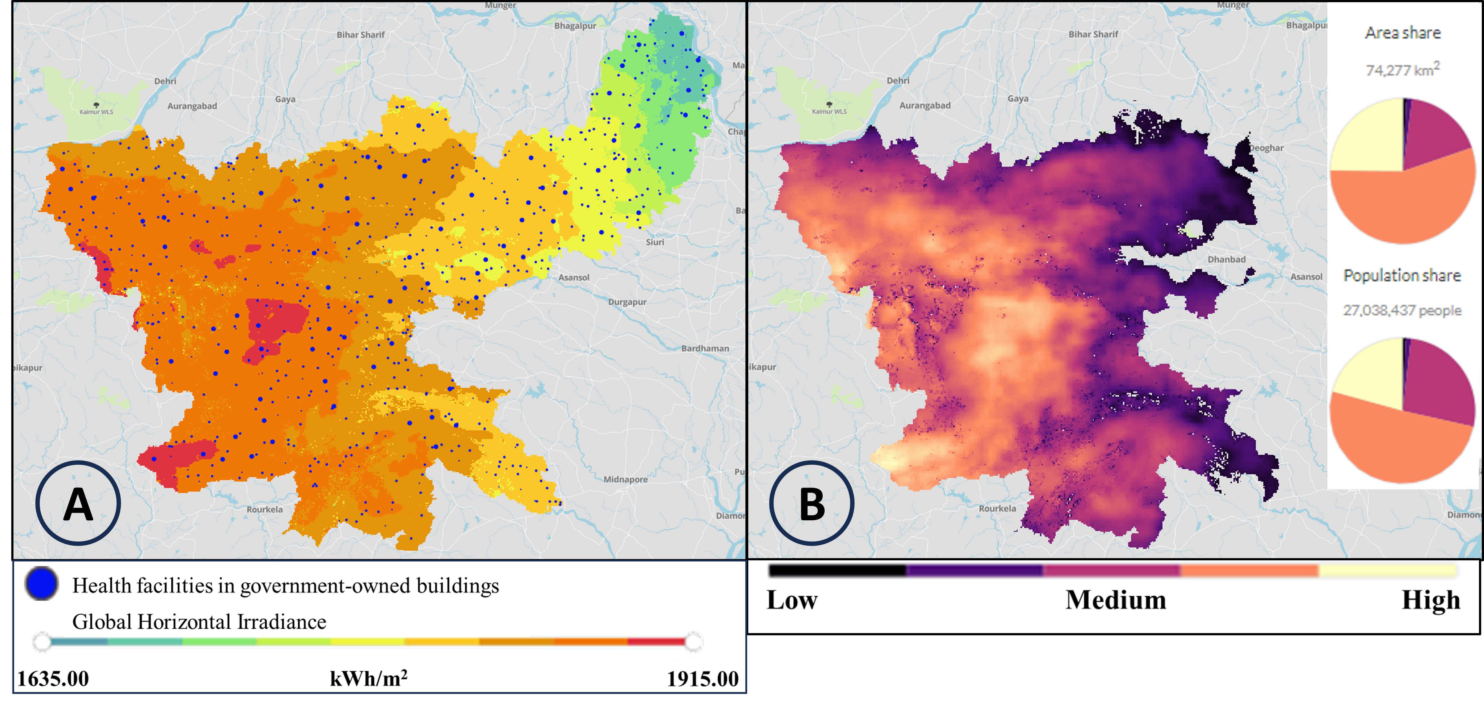 Figure 4:(A) Health facilities in government-owned buildings overlayed with GHI >1800kWh/m2 per
year; (B) Energy Access Potential (lighter color depict higher potential).