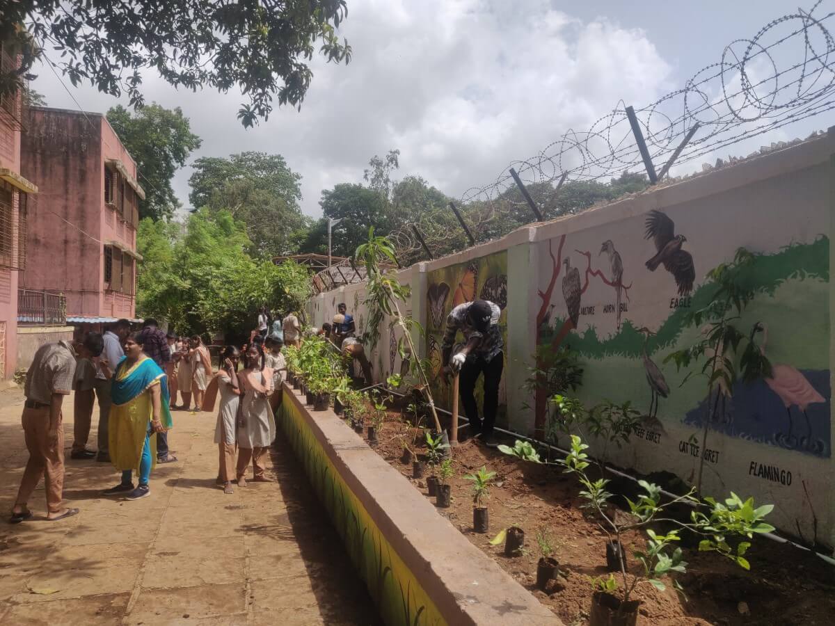 Peripheral greening in Shahaji Nagar School at Cheeta Camp with murals that showcase local ecology. Photo by WRI India.