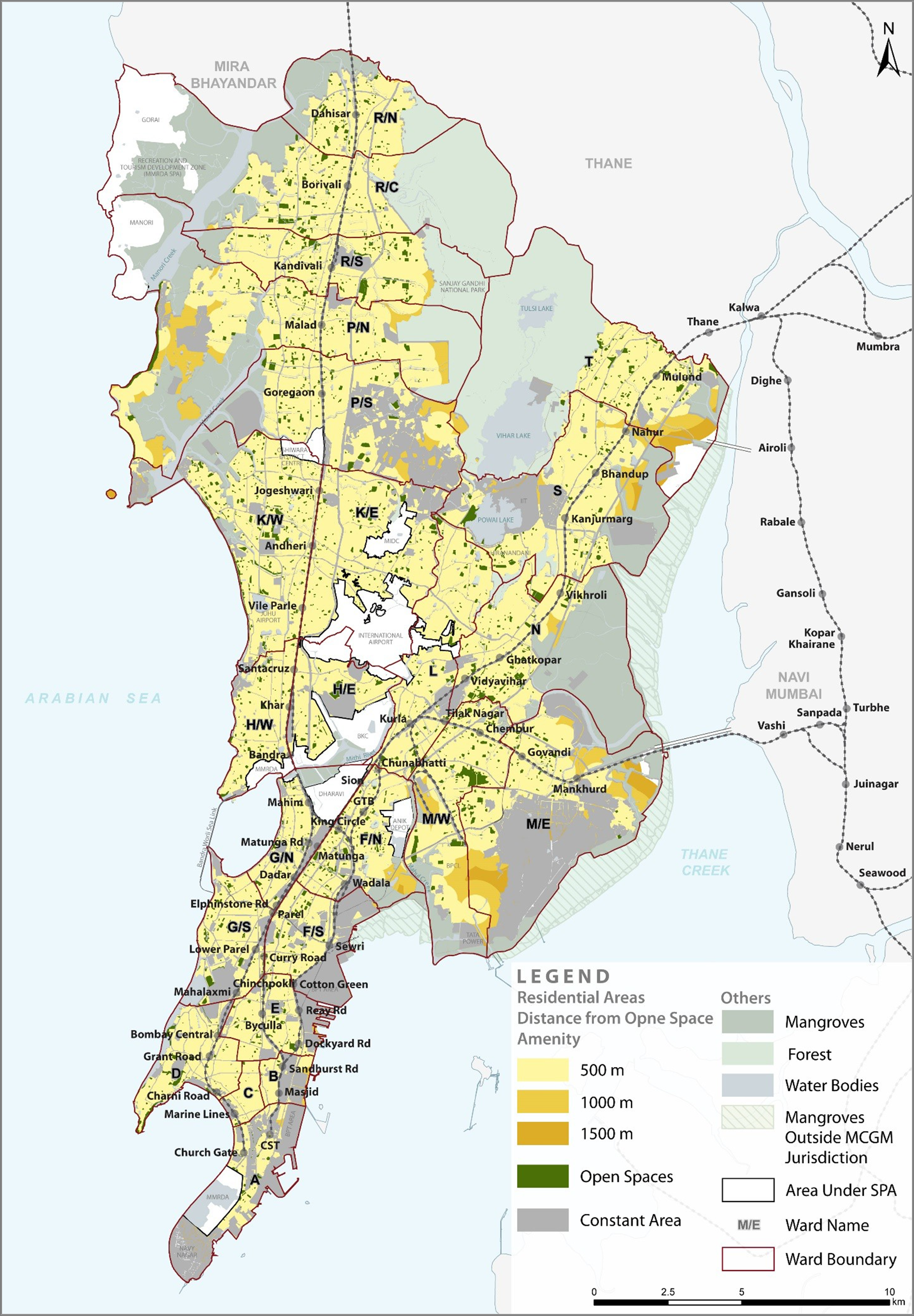 Map 2: Accessibility and spatial distribution of open space in Mumbai, highlighting M/East ward. Map Credit: