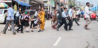 School children cross road