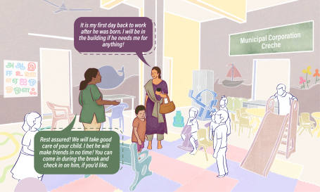 Creche facilities at workplaces for caregivers. Illustration.
