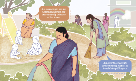 Neighbourhood public spaces and care centres for caregivers. Illustration.