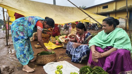 Local women sell baskets of fresh Sal leaves in the village market
