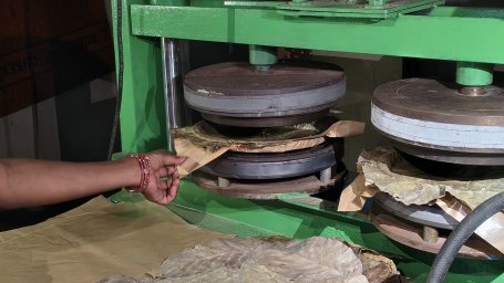 Stitched Sal leaves pressed into plates by the pressing machine
