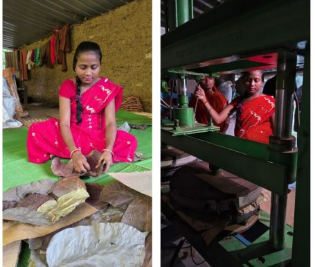Phoolmati Nag pinning dry Sal leaves to make pattals.