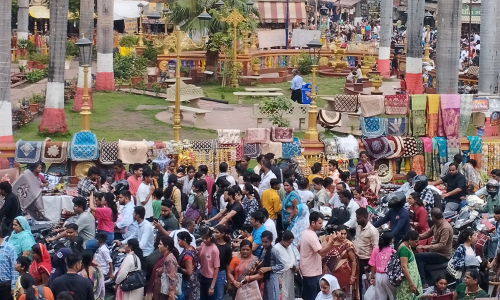 Crowd gathers in an urban space