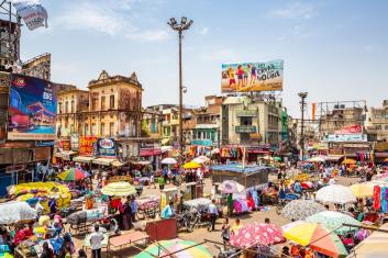 Aerial view of crowded street in Delhi, India. Photo by Finn Stock/Shutterstock.