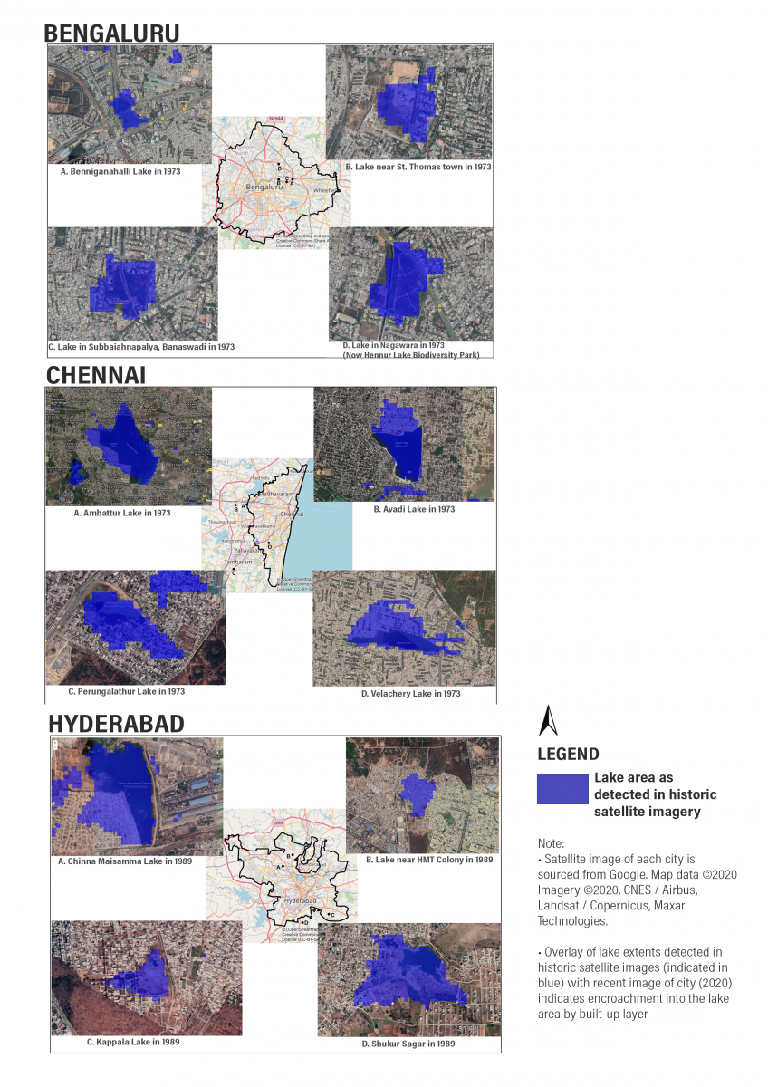 Historic satellite images of select lakes overlaid on built-up cover from 2020. Data source: Lake area detected from satellite imagery of Landsat 1 MSS collection