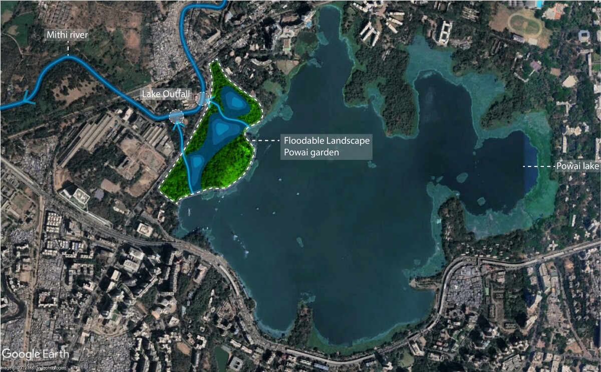 Conceptualized floodable landscape for Powai Garden that manages the overflow from Powai Lake to the Mithi River
